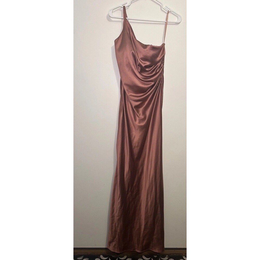Revelry Long Satin One Shoulder Dress Cinnamon Rose Sz 8 Bridesmaid Formal Dress